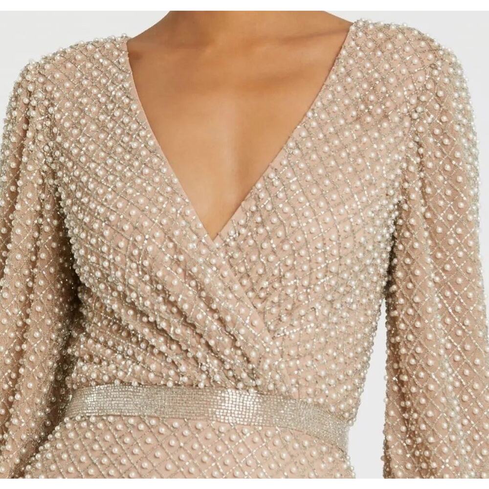 Mac Duggal 10062 Beige Size 4 Wrap Over Pearl Gown Beaded Bishop Sleeves NWT - Picture 5 of 16